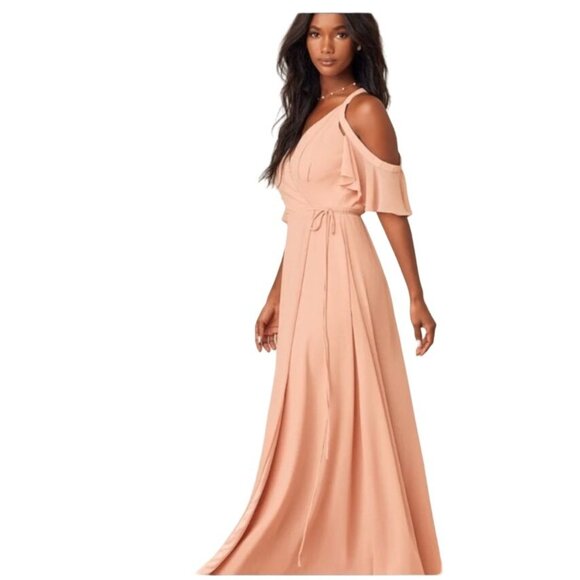 Lulus listeing blush Pink Wrap Maxi Dress With Ruffle Sleeves & V-Neckline Sz S - Picture 3 of 9